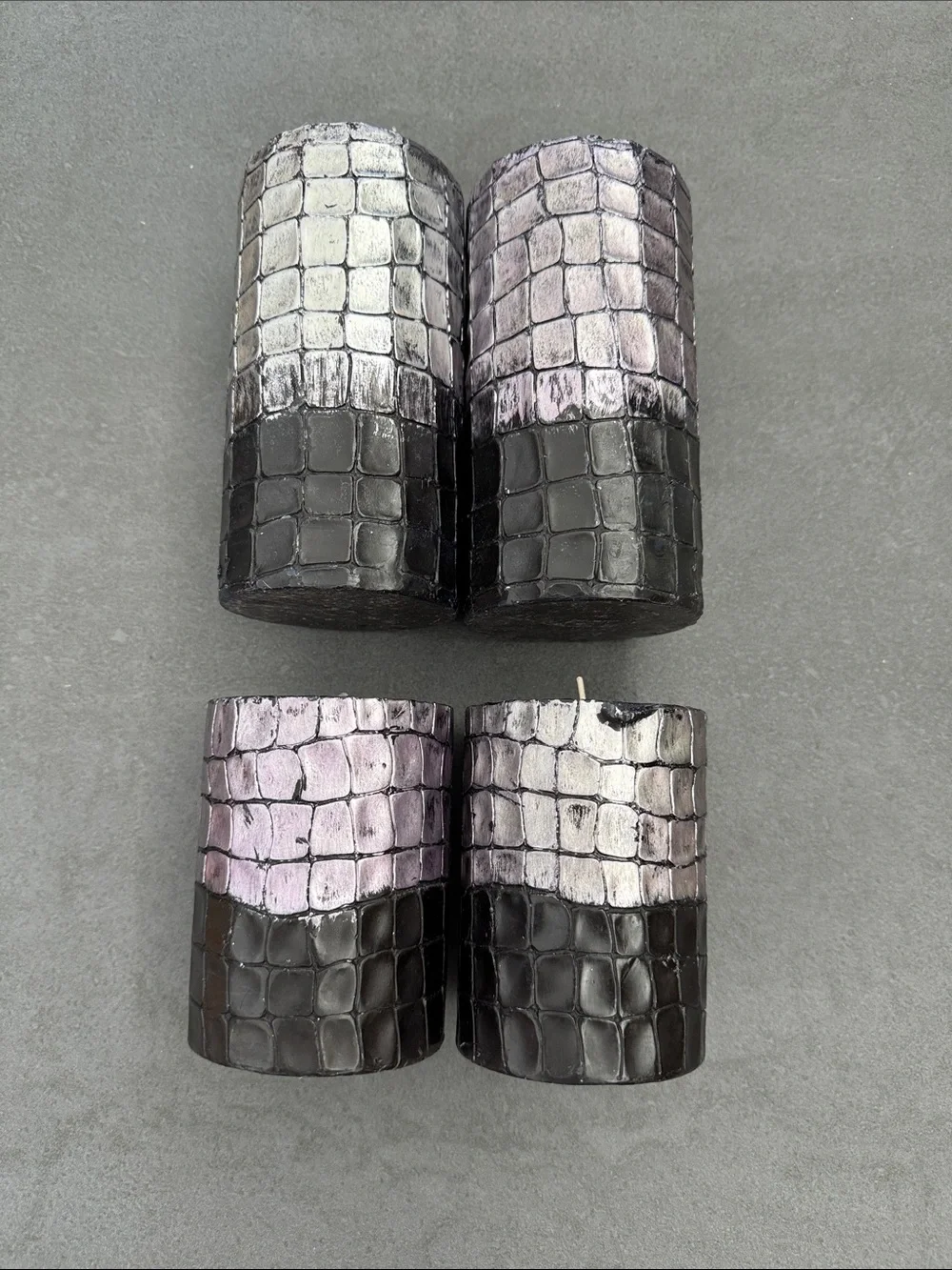 6 Halloween/Decorative candles Black w/metallic silver/purple hue 2 spider webs